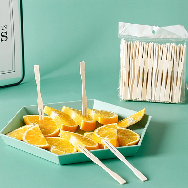 Party Supplier Bamboo Disposable Dessert Fruit Cake Forks Two-Tine Wooden Chip Fork