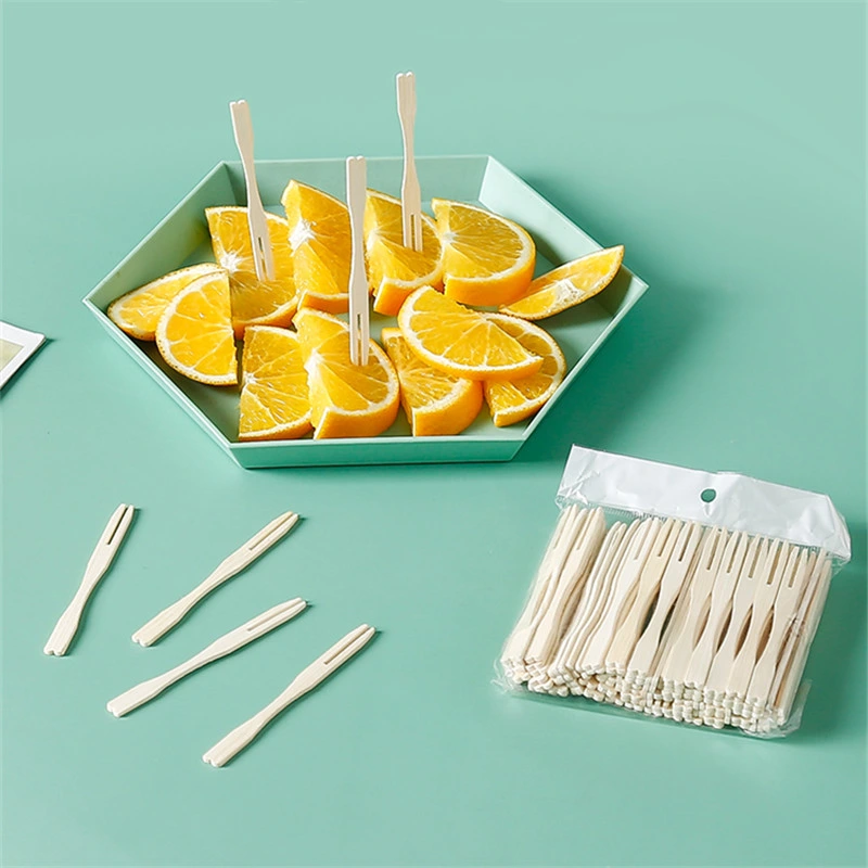 Party Supplier Bamboo Disposable Dessert Fruit Cake Forks Two-Tine Wooden Chip Fork